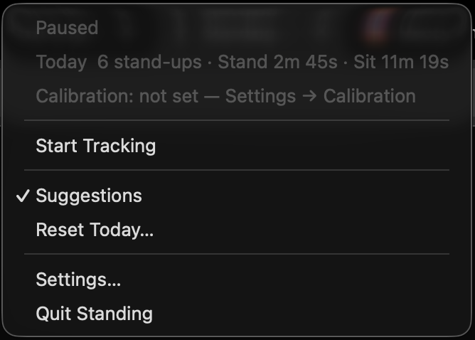 Standing menu — status, today's stand time, and tracking controls