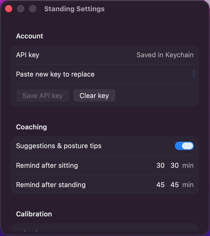 Standing Settings — AI API key, standing reminders, and calibration